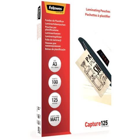 Pouches per plastificatrici Fellowes Standard Capture125 finitura opaca - 2x125 m - A3 - Conf. 100 pezzi 5328601