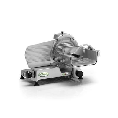 BLUE FARM | FAMA. Professional meat slicer in anodized aluminum with 300 mm blade.