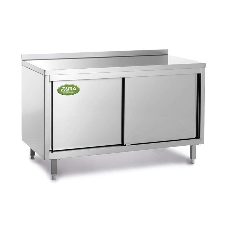 KALINDRA | FAMA. Stainless steel AISI 304 CE cabinet workbenches with 10 cm backsplash