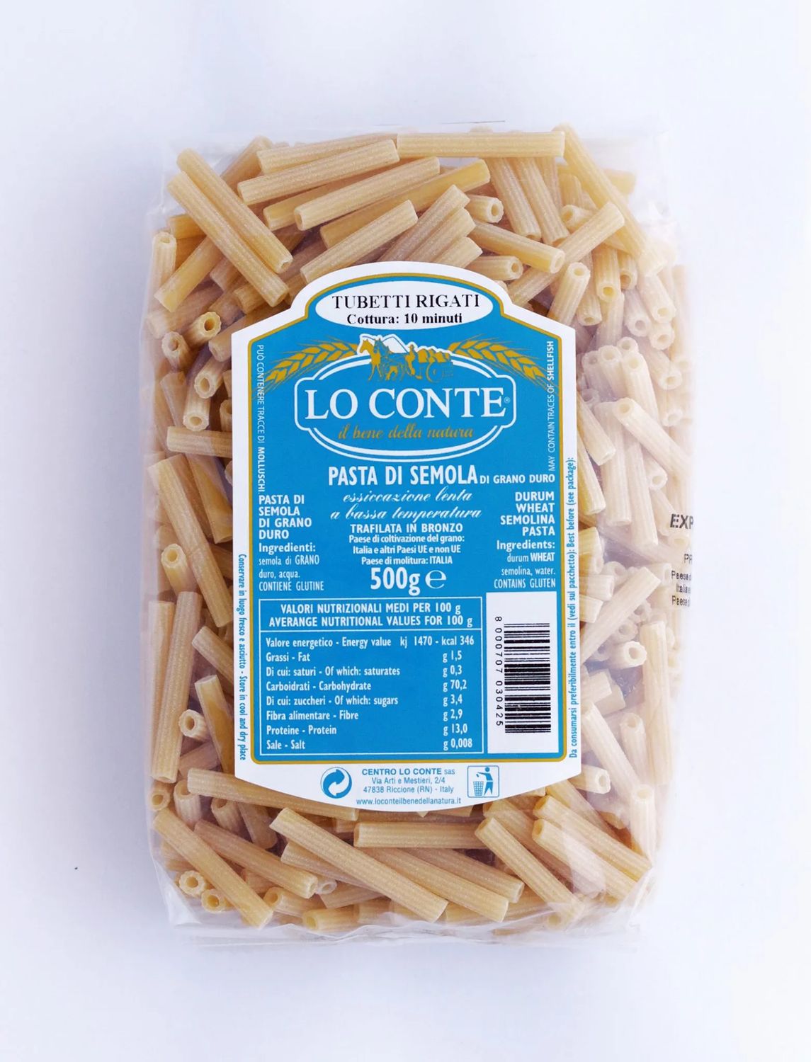 KALINDRA | Lo Conte. Long Ribbed Tubetti Pasta. 500 gr / 17.64 oz