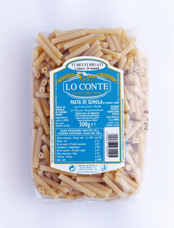 KALINDRA | Lo Conte. Long Ribbed Tubetti Pasta. 500 gr / 17.64 oz