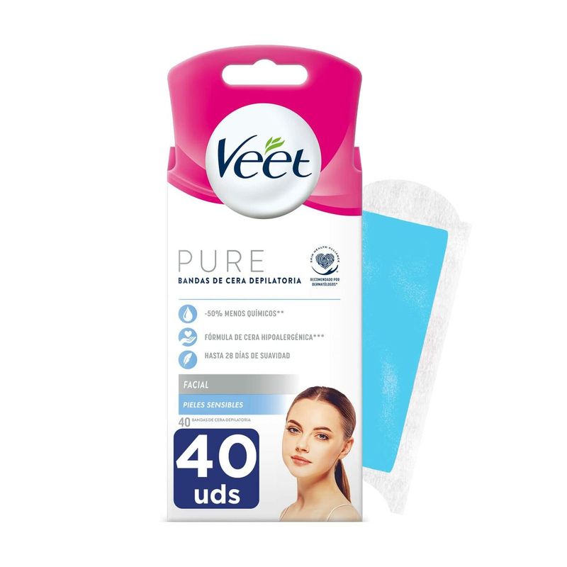 KALINDRA | BB. Bandas Depilatorias Faciales Veet Bandas De Cera Pure Piel Sensible (40 unidades)
