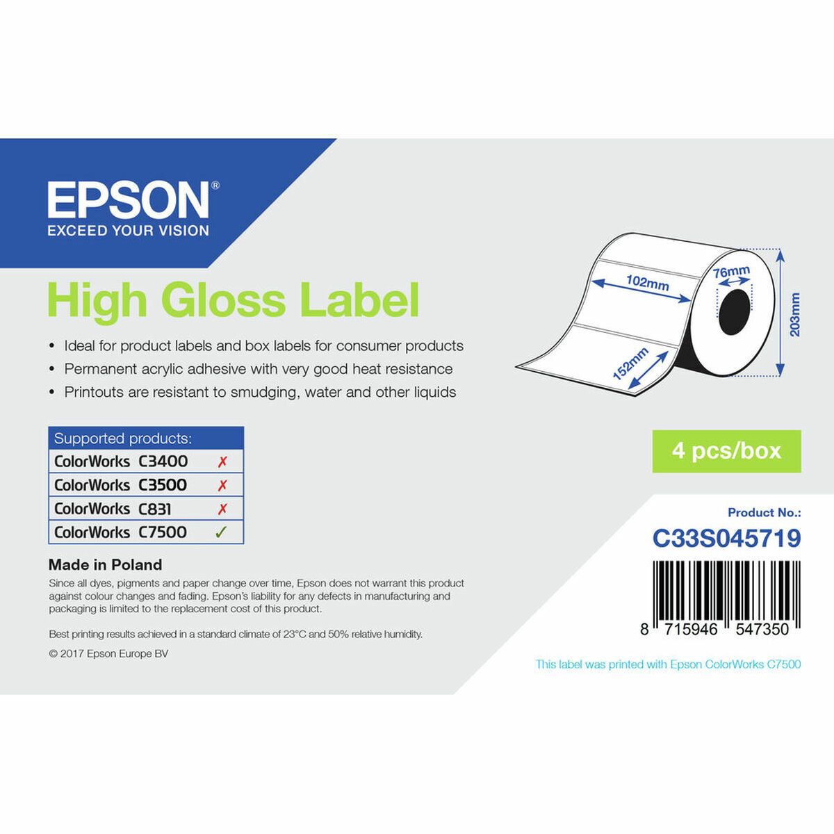 KALINDRA | BB. Printer Labels Epson C33S045719 White Shiny (1 Unit)