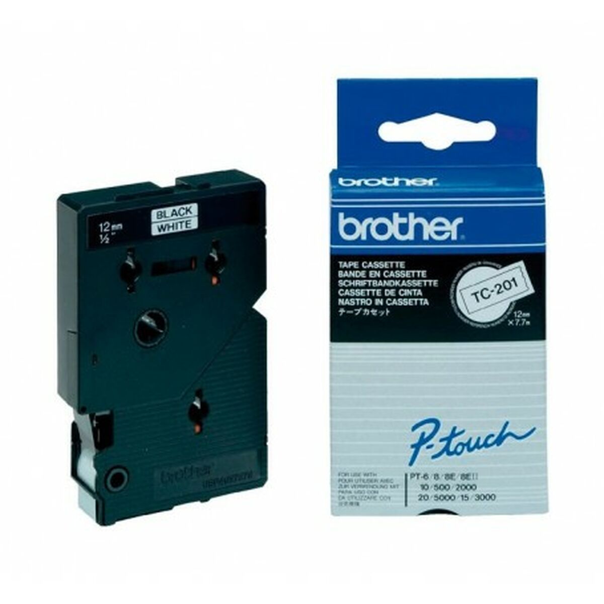 KALINDRA | BB. Laminated Tape for Labelling Machines Brother TC-201 12 mm x 7,7 m White/Black