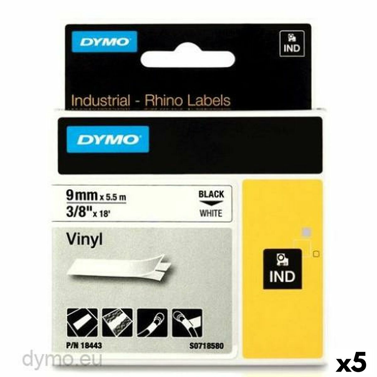 KALINDRA | BB. Laminated Tape for Labelling Machines Rhino Dymo ID1-9 White Black 9 x 5,5 mm Stick (5 Units)