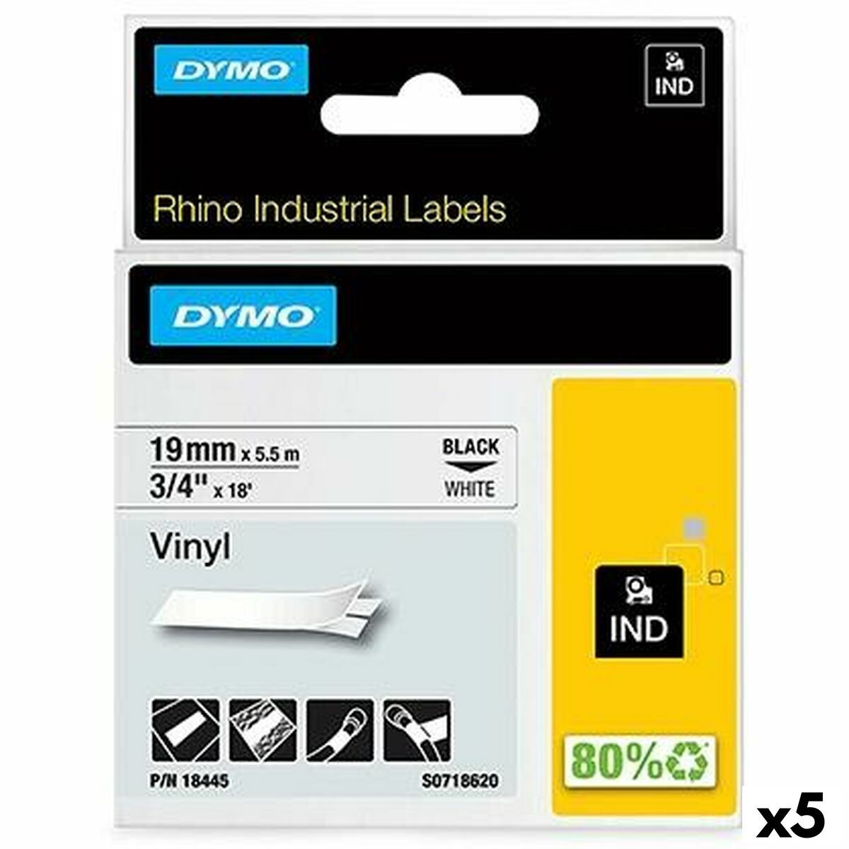KALINDRA | BB. Laminated Tape for Labelling Machines Rhino Dymo ID1-19 19 x 5,5 mm Black White Stick Self-adhesives (5 Units)