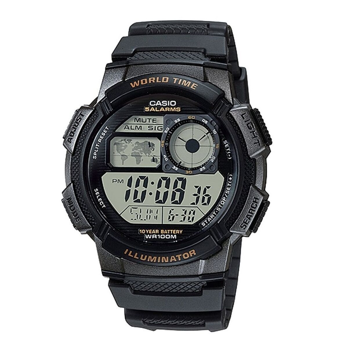 KALINDRA | BB. Unisex Watch Casio WORLD TIME ILLUMINATOR - 5 ALARMS. 10 YEAR BATTERY Black Grey (Ø 48 mm)