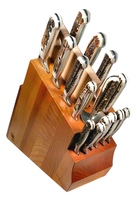 BLUE FARM | Due Buoi Knives. 608. Deer. "Solid" elm knife block. 15 pieces
