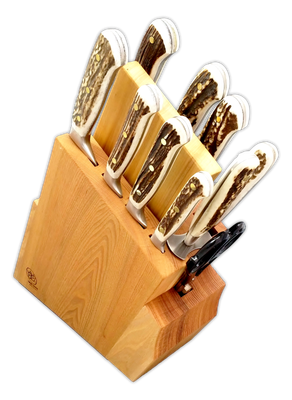 BLUE FARM | Due Buoi Knives. 609. Deer. "Solid" elm knife block. 10 pieces