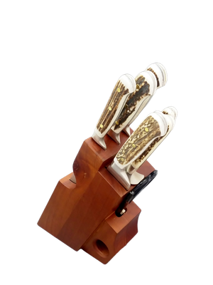 BLUE FARM | Due Buoi Knives. 604 C. Deer. Wooden block with forged knives. 7 pieces BLUE FARM | Due Buoi Knives. 604 C. Deer. Wooden block with forged knives. 7 pieces