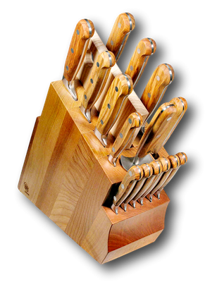 BLUE FARM | Due Buoi Knives. 608. Olive. "Solid" elm knife block. 15 pieces