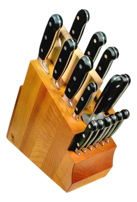 BLUE FARM | Due Buoi Knives. 608. Black. "Solid" elm knife block. 15 pieces