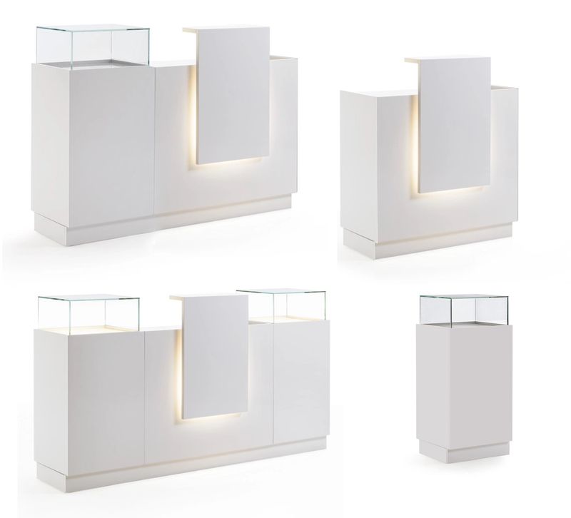 BLUE FARM | Vismara. Light Desk. Mobile reception espositivo disponibile in 3 modelli.