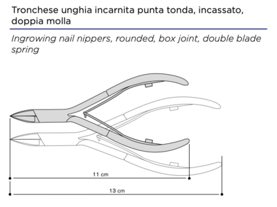 Ingrowing nail nippers, rounded, box joint, double blade spring. Kalindra Cutlery