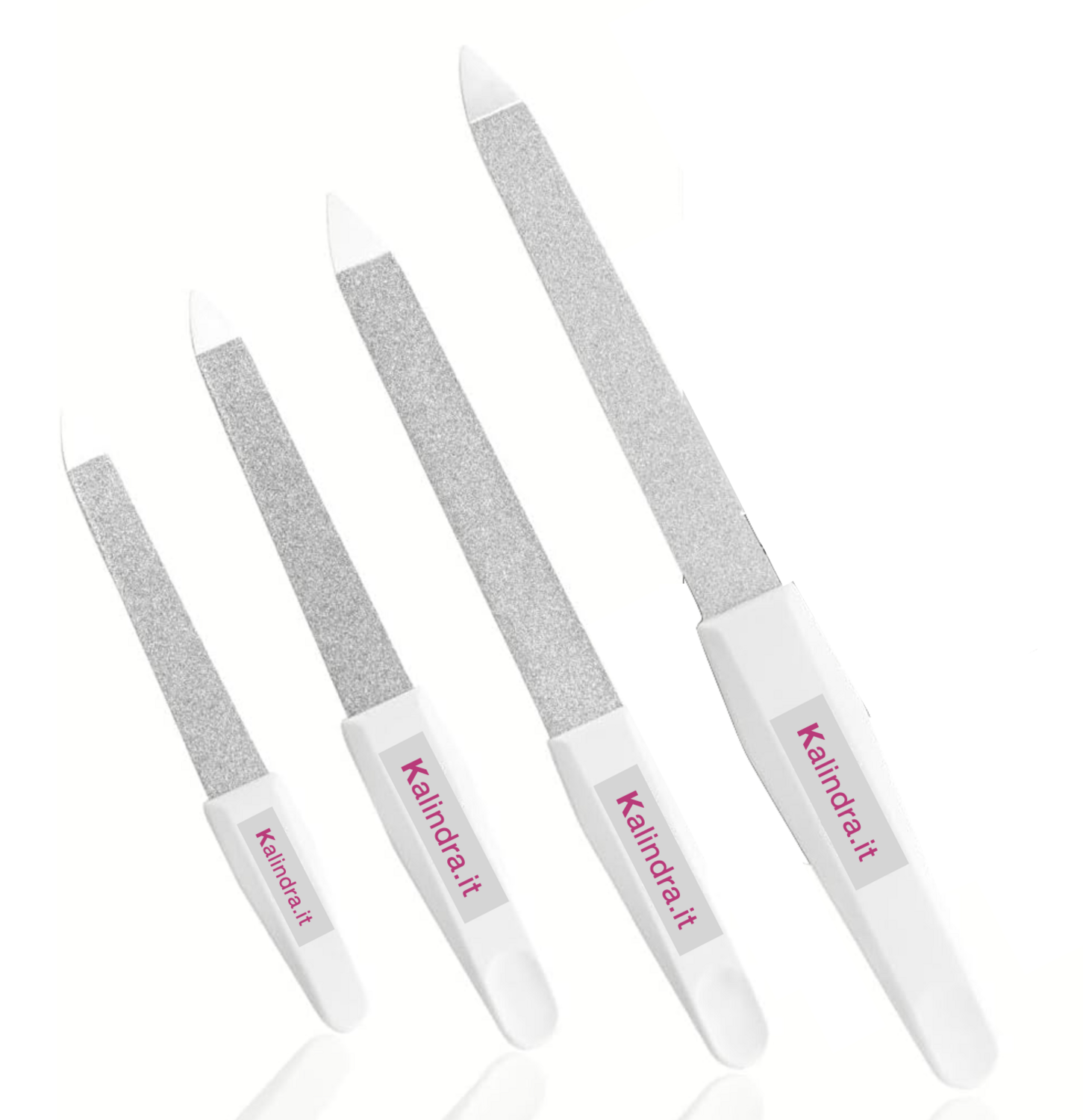 12-piece sapphire nail file set with white plastic handle. Kalindra cutlery