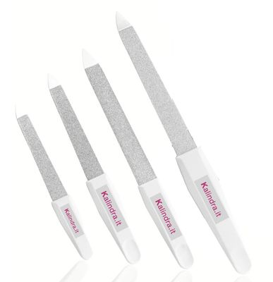 12-piece sapphire nail file set with white plastic handle. Kalindra cutlery