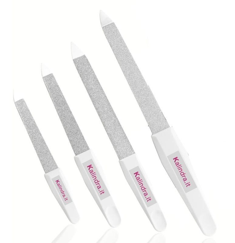 12-piece sapphire nail file set with white plastic handle. Kalindra cutlery
