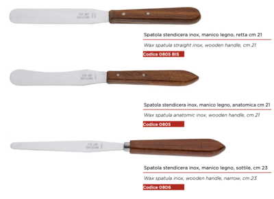 Stainless steel wax spreading spatula with wooden handle. 3 sizes. Kalindra cutlery