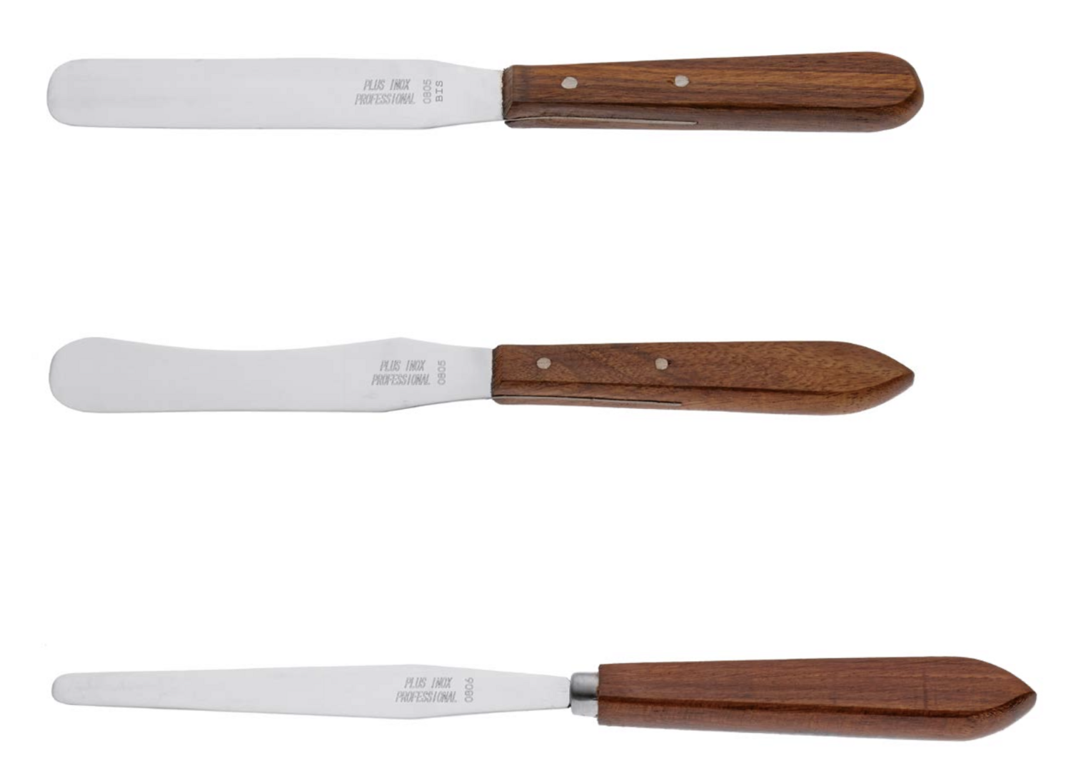Stainless steel wax spreading spatula with wooden handle. 3 sizes. Kalindra cutlery