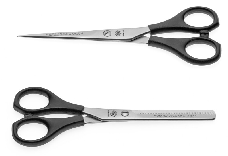 Elegancia. Línea tijeras y tijeras de entresacar 5,5" y 6". Mango de plástico