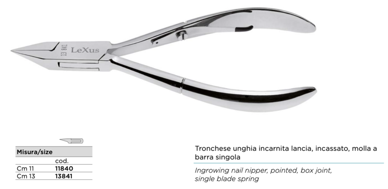 Coupe-ongles pour ongles incarnés lance, encastré, ressort à barre unique. Fabriqué en acier inoxydable. Ligne Lexus. Disponible en 2 tailles