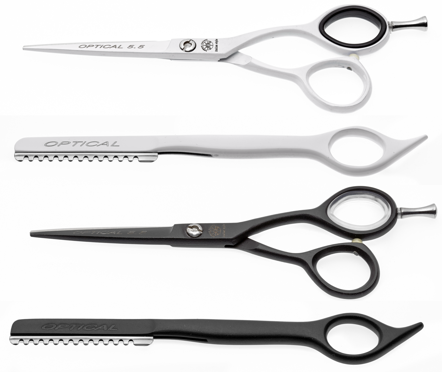 Optical. Line of cutting scissors and razors. Black and white decoration. Kalindra cutlery