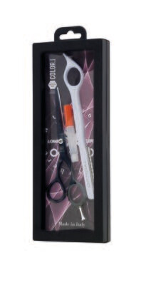 Optical. Line of cutting scissors and razors. Black and white decoration. Kalindra cutlery
