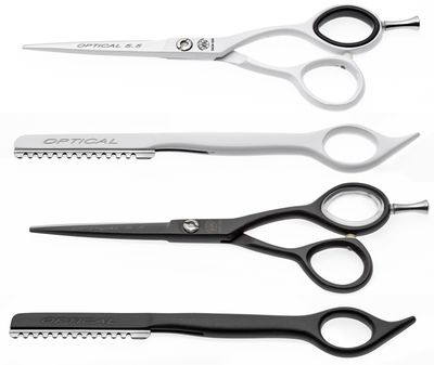 Optical. Line of cutting scissors and razors. Black and white decoration. Kalindra cutlery