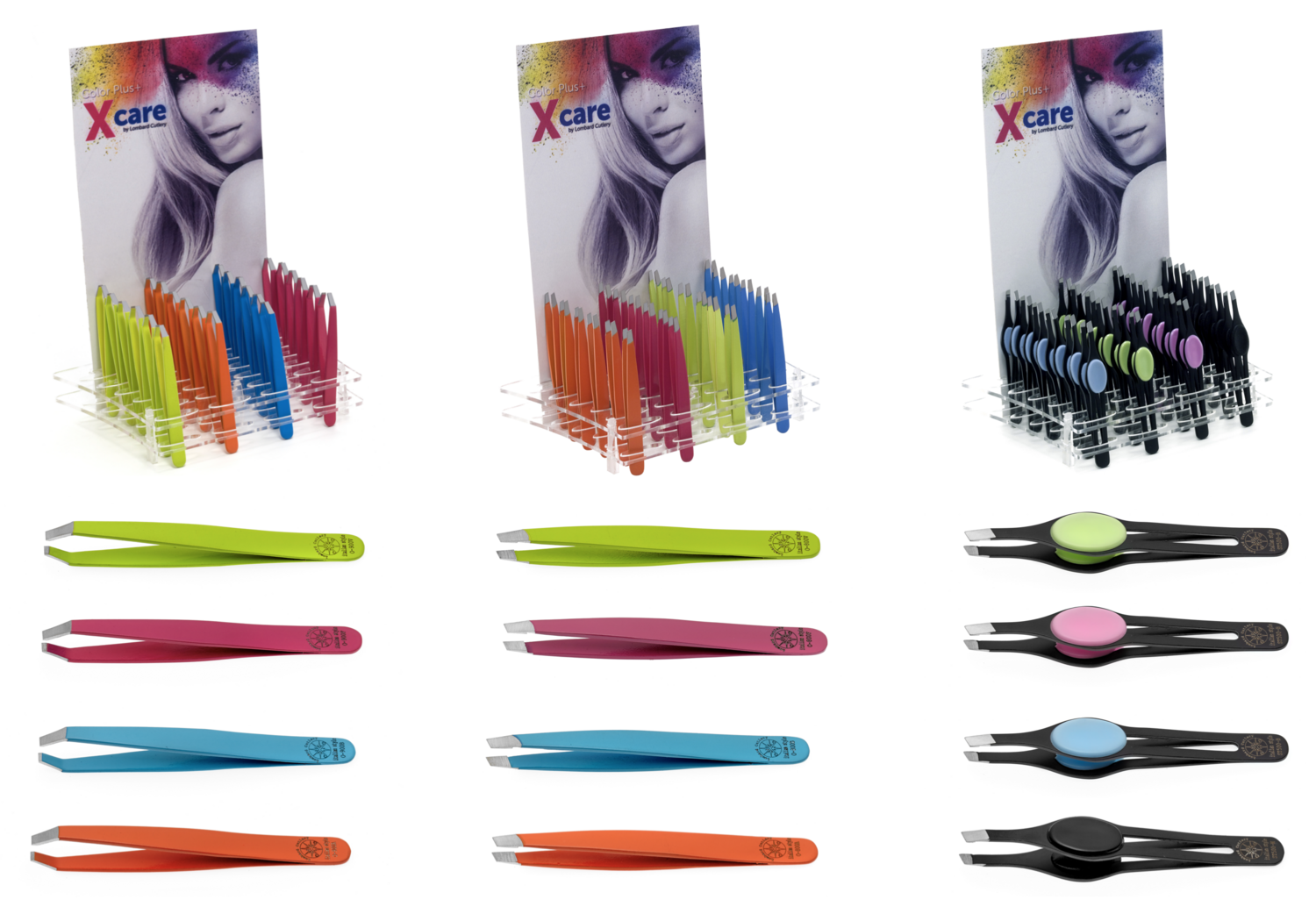 Color Plus +. Slanted tweezers, crab style, and Soft Touch. Color Plus + line. Kalindra cutlery