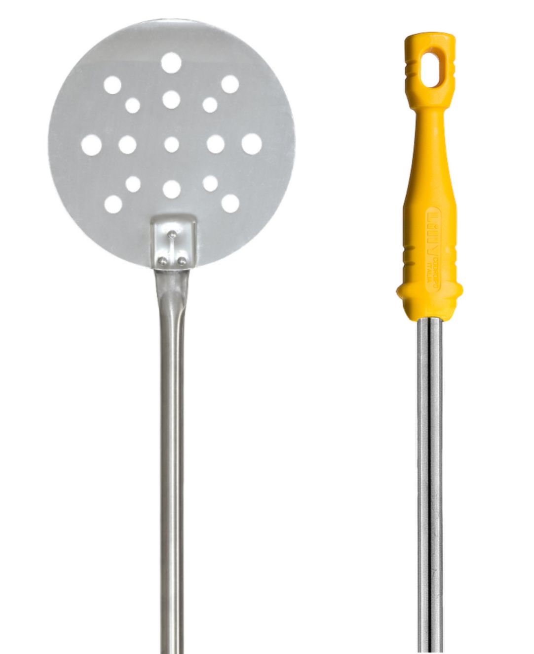 KALINDRA | Lilly. FIRENZE. Perforated pizza peel in stainless steel. Ø 22 - 26 cm. H 70 - 135 cm