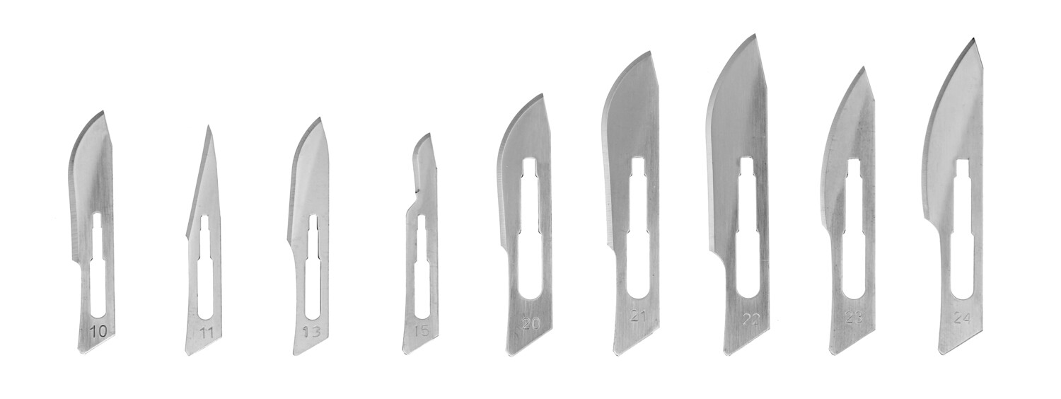 Sterile carbon steel surgical blades with ultra-precise cutting, individually packaged. Kalindra cutlery