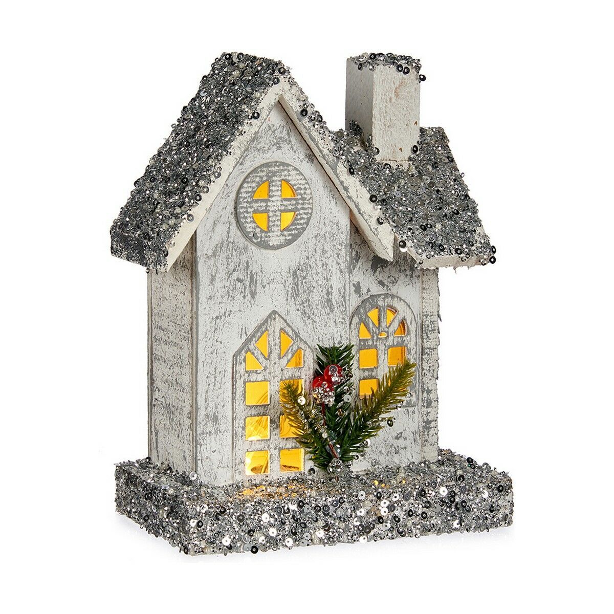 KALINDRA | BB. Decorative Figure Krist+ YF19-63 White Grey Glitter House Christmas 19,5 x 25 x 9 cm LED Light