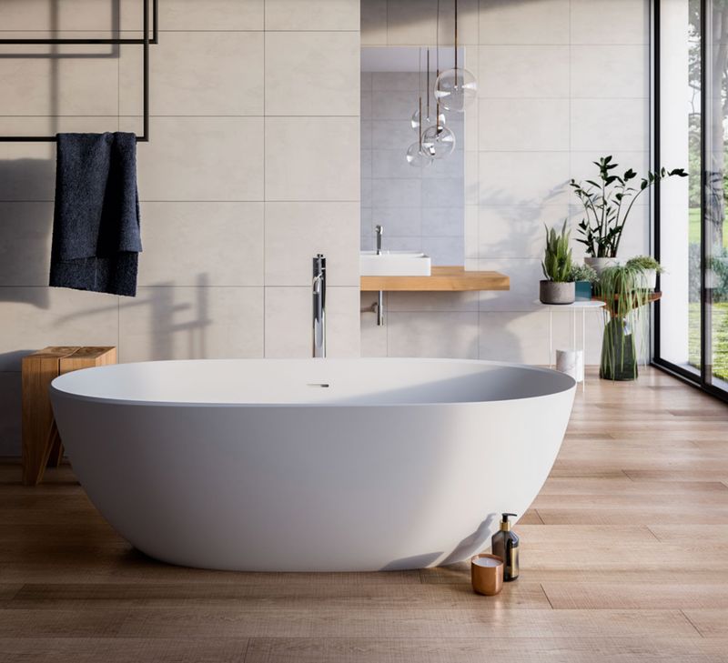 BLUELINE | Glass. Bloom. Freestanding bathtub in matte white HardLite. Available in 2 sizes