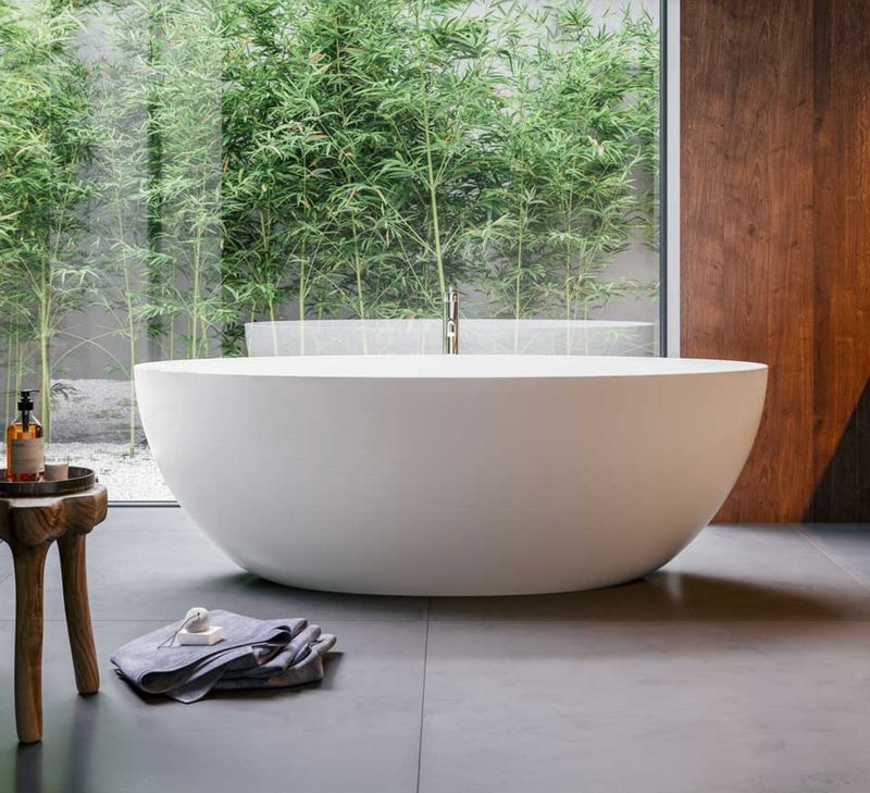 BLUELINE | Glass. Denver. Oval bathtub in matte white MineraLite. Dimensions: cm 179 x 81 x 59.5 h