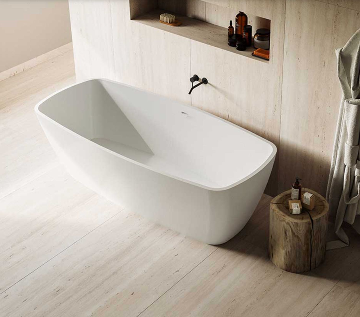 BLUELINE | Glass. Freya. Freestanding bathtub in matte white MineraLite. Dimensions: cm 171 x 78 x 53.5 h