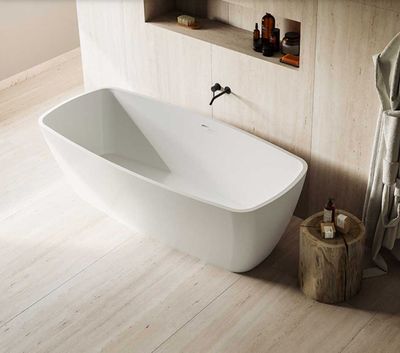 BLUELINE | Glass. Freya. Freestanding bathtub in matte white MineraLite. Dimensions: cm 171 x 78 x 53.5 h