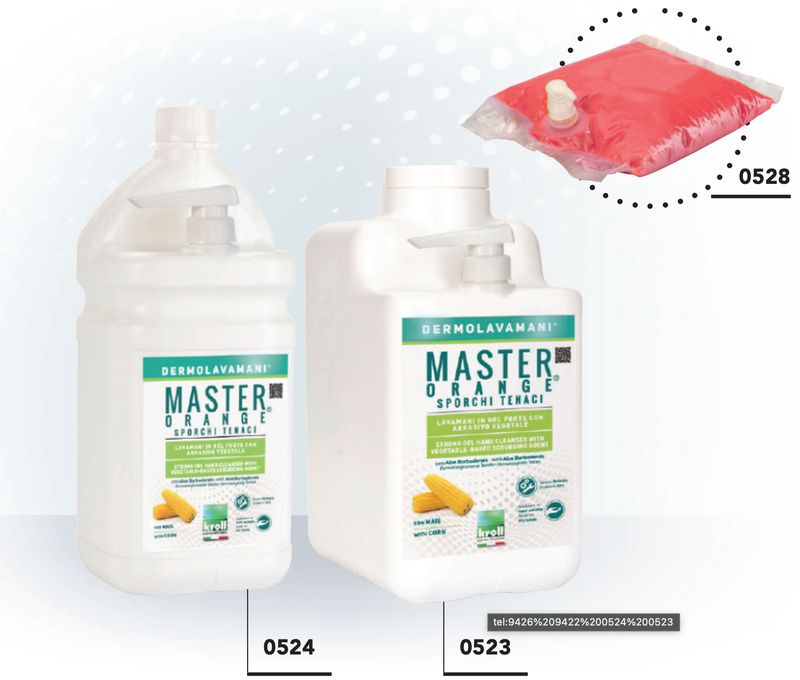 KALINDRA | Kroll. Master Orange®. Gel hand cleaner for particularly stubborn dirt with plant-based abrasive, dermatologically tested. 4 formats available KALINDRA | Kroll. Master Orange®. Gel hand cleaner for particularly stubborn dirt with plant-based abrasive, dermatologically tested. 4 formats available