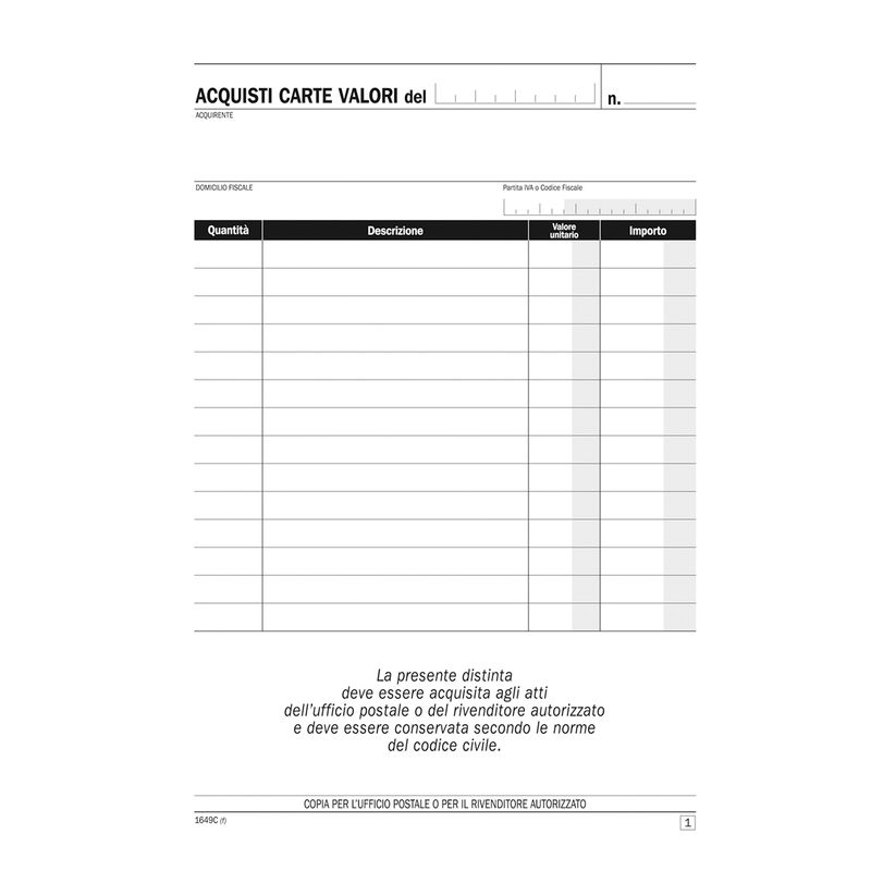 Blocco distinta acquisto carte valori - 50/50 copie autoricalcanti - 21,5 x 14,8 cm -DU1649C0000 - Data Ufficio DATA UFFICIO