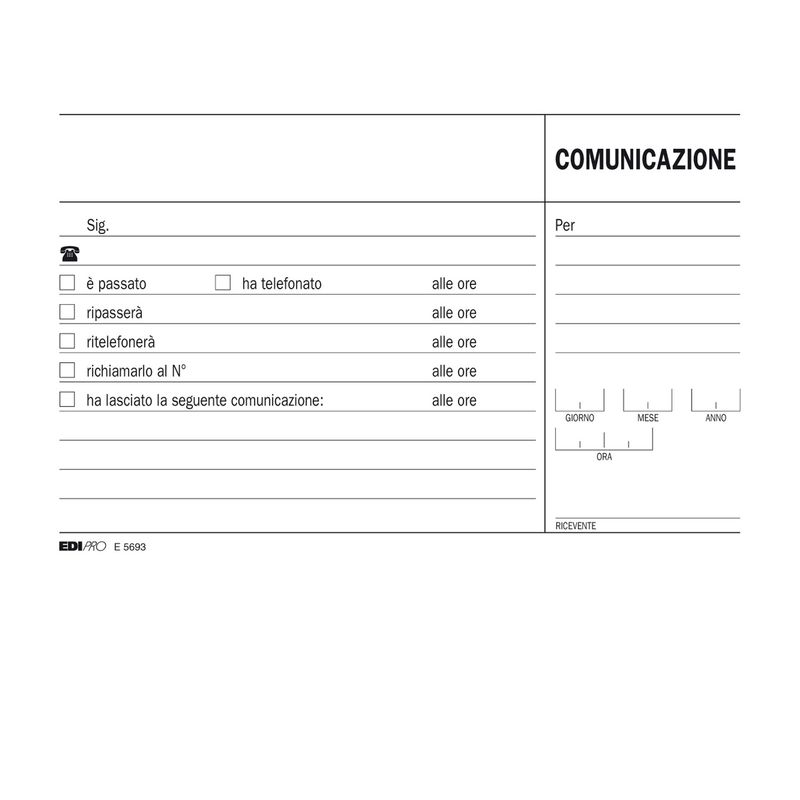 Blocco comunicazioni telefoniche - uso mano - 9,9 x 17cm - 100 fogli - Edipro EDIPRO Blocco comunicazioni telefoniche - uso mano - 9,9 x 17cm - 100 fogli - Edipro EDIPRO