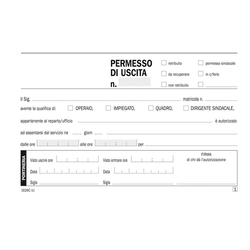 Blocco permessi di uscita - 50/50 copie autoricalcanti - 10 x 16,8 cm - DU1626C0000 - Data Ufficio DATA UFFICIO