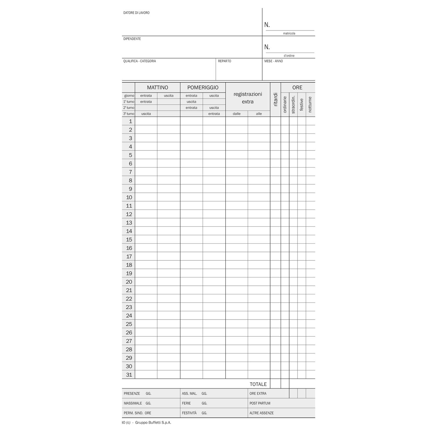 Scheda orologio presenze (controllo mensile) - cartoncino da 275 gr - 22,5 x 10,4 cm - DU158000000 - Data Ufficio - conf. 100 pezzi DATA UFFICIO