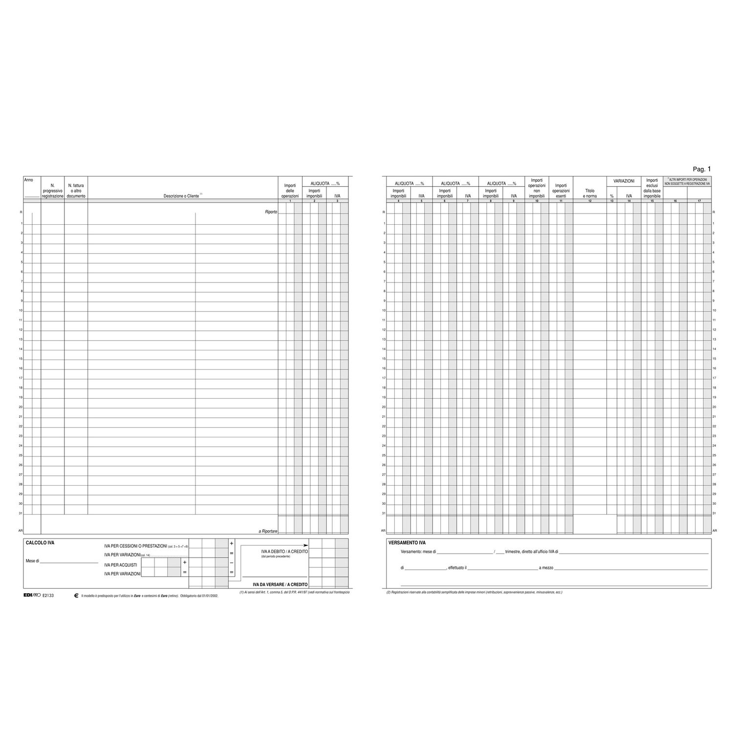 Registro Iva fatture - 31 x 24,5cm - 22pg - numerate - Edipro EDIPRO