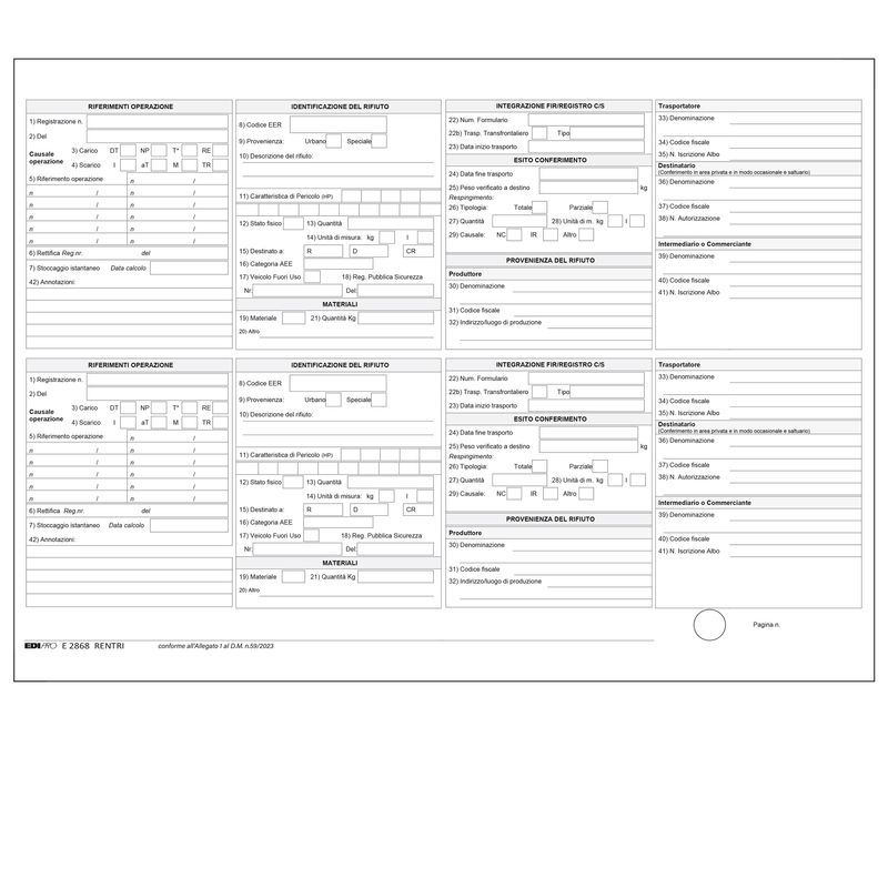 Registro carico/scarico rifiuti - 21,5 x 29,7cm - 100pg - E2868 RENTRI - Edipro EDIPRO