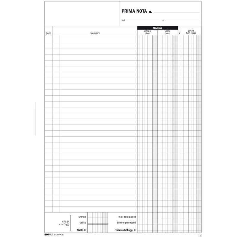 Blocco prima nota cassa entrate/uscite - 50/50 fogli autoricalcanti - 31 x 21cm - Edipro EDIPRO