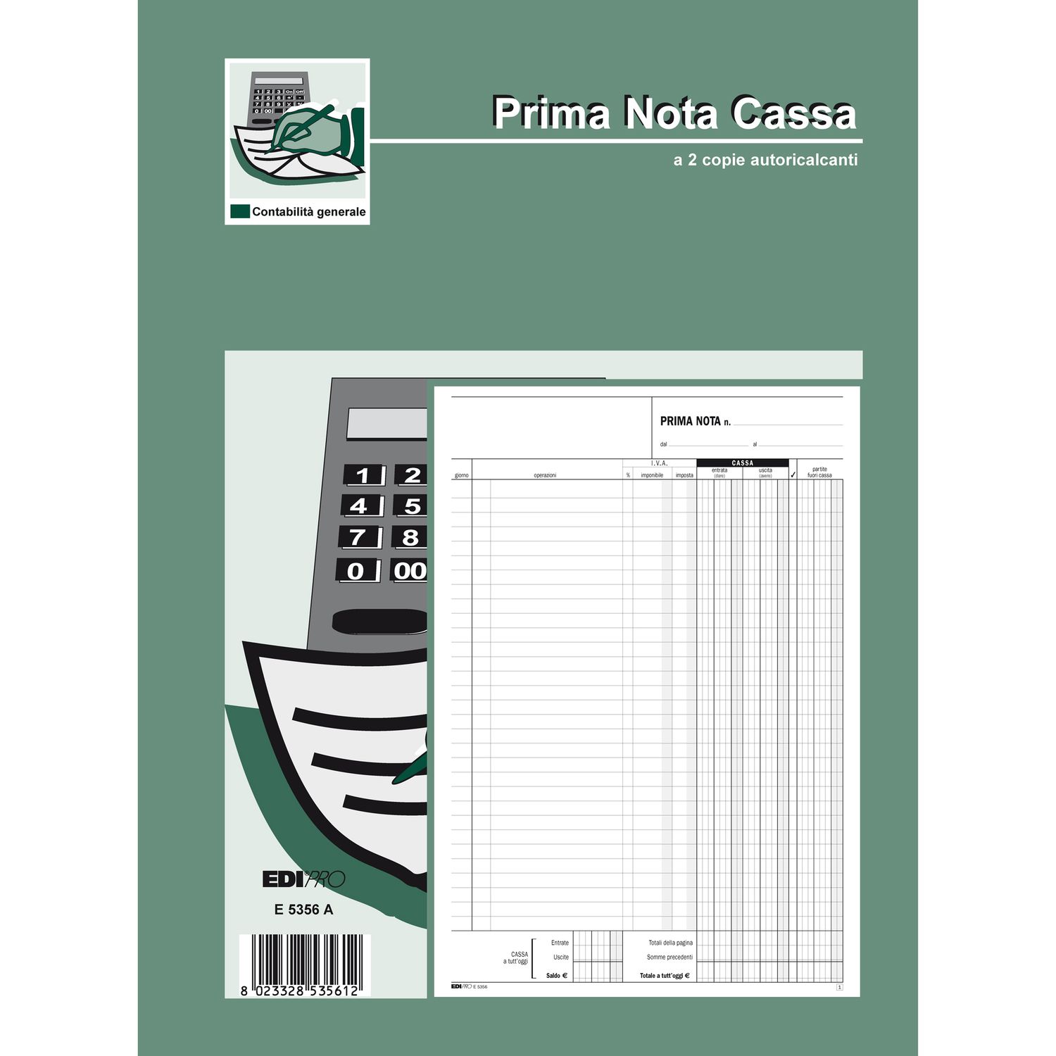 Blocco prima nota cassa entrate/uscite/Iva - 50/50 fogli autoricalcanti - 31 x 21cm - Edipro EDIPRO