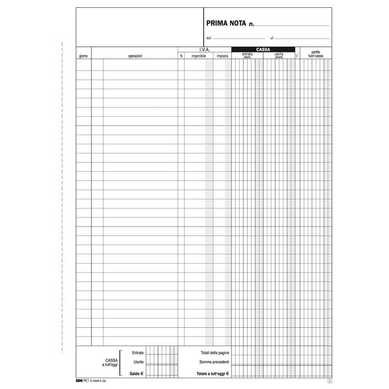 Blocco prima nota cassa entrate/uscite/Iva - 50/50 fogli autoricalcanti - 31 x 21cm - Edipro EDIPRO