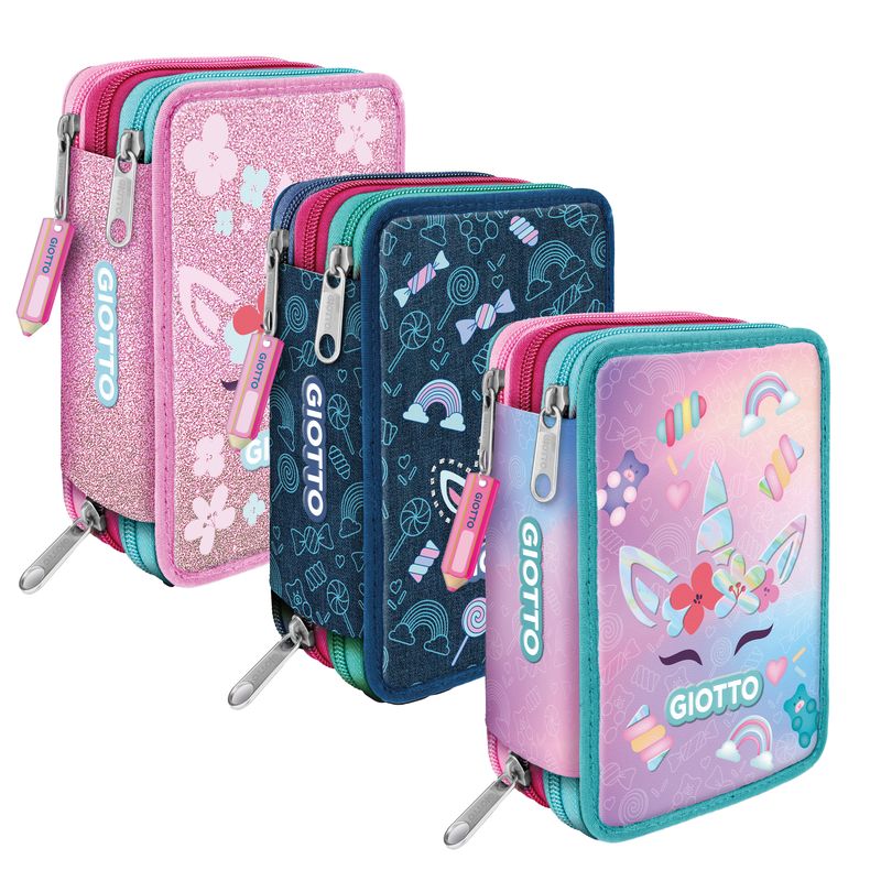 Astuccio 3 zip Candy collection - 19,5 x 7,5 x 12,9 cm - tessuto - fantasie assortite - Giotto GIOTTO
