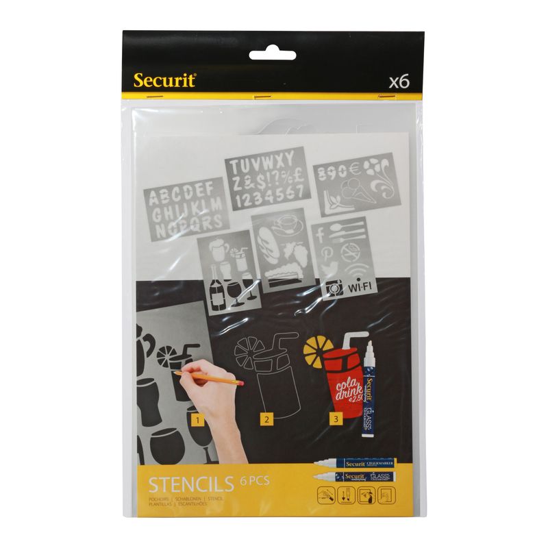 Stencil trasparenti assortiti (lettere, numeri, forme) - 32 x 22 cm - Securit - set 6 pezzi SECURIT