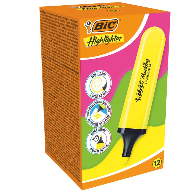 Evidenziatore Flat  - punta a scalpello - tratto da 1,2mm-4,6mm - giallo - Bic - conf. 12 pezzi BIC