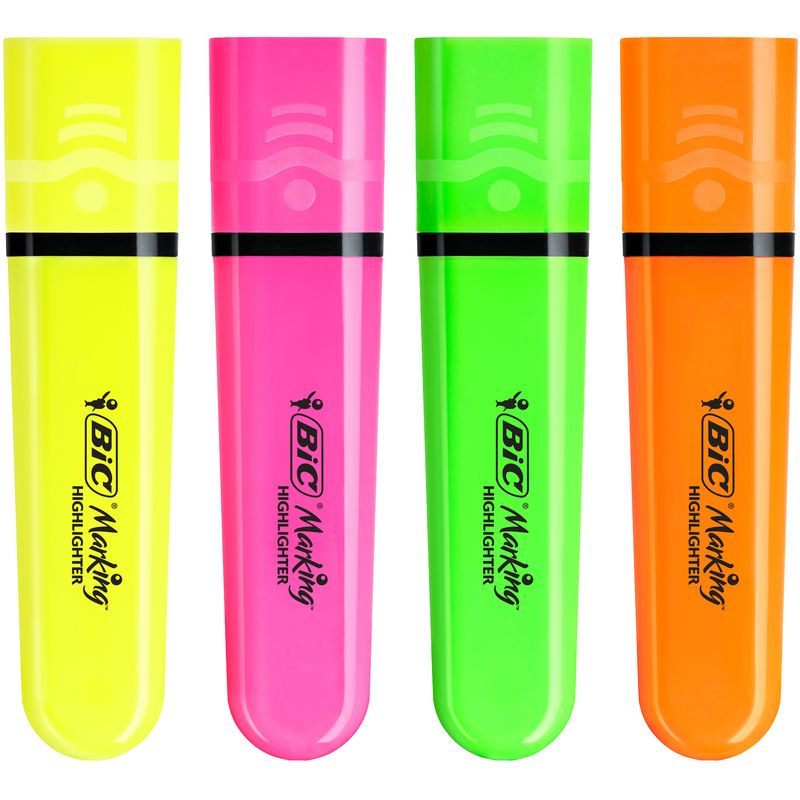Evidenziatore Flat  - punta a scalpello - tratto da 1,2mm-4,6mm - colori assortiti fluo - Bic - astuccio 4 pezzi BIC
